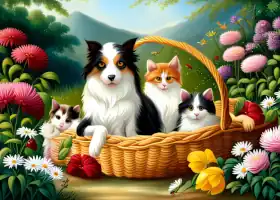 Picture of a dog and cats in a basket Jigsaw - Puzzle 4
