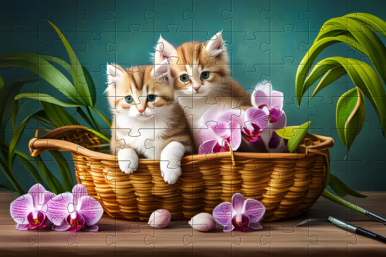 Picture of 2 cute kittens in a basket, with orchid flowers on the table