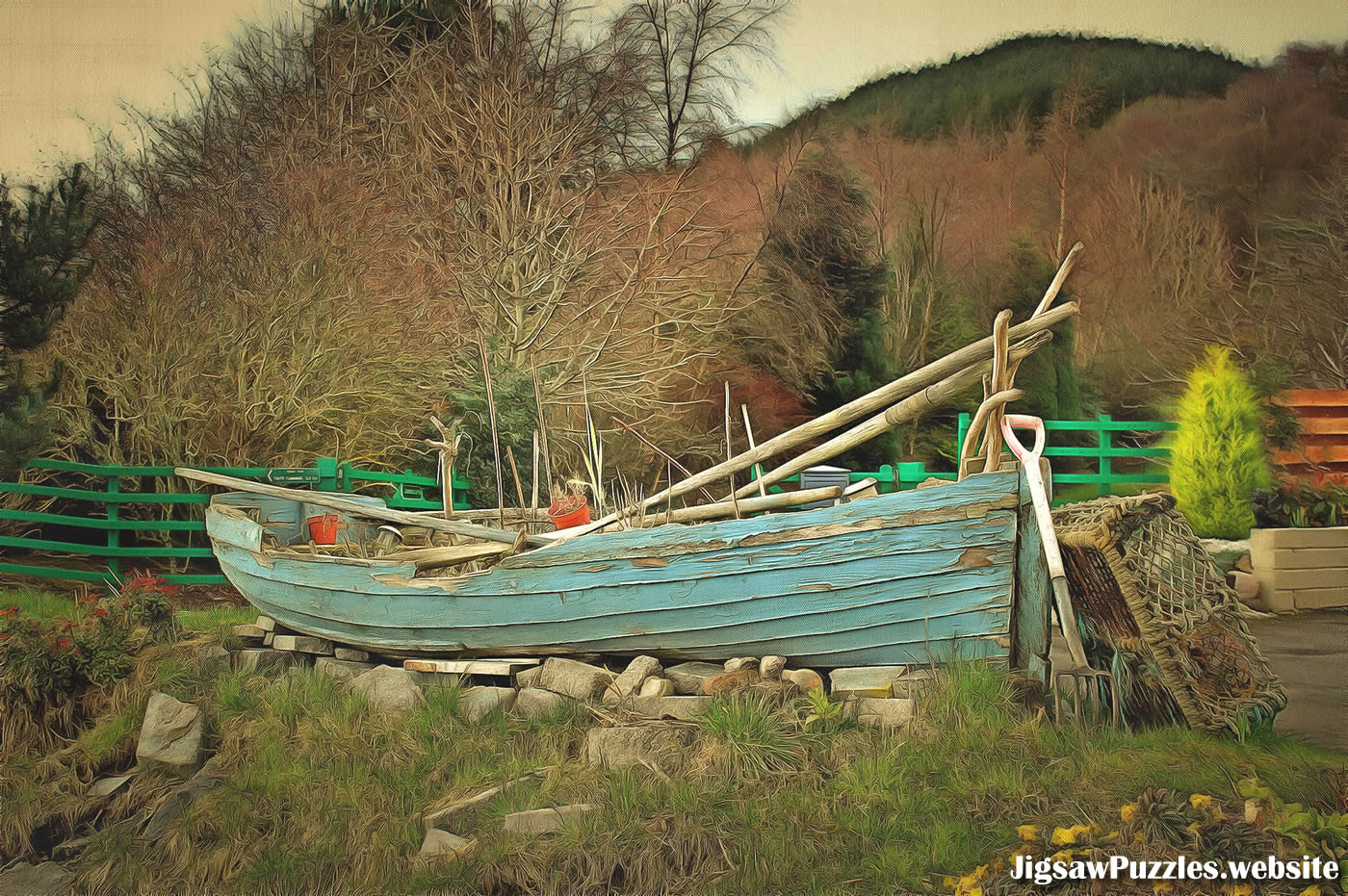 Old wooden fishing boat in a garden